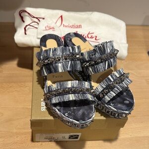 Christian Louboutin Blue Gray Fringe Studded Slide Sandals
